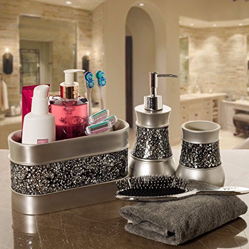 Creative Scents Crackled Glass Silver Toothbrush and Toothpaste Holder for Bathroom - Decorative Bathroom Counter Electric Toothbrush Organizer, 3 Slot, Makeup Brush Holder - style: Bathroom Organizer