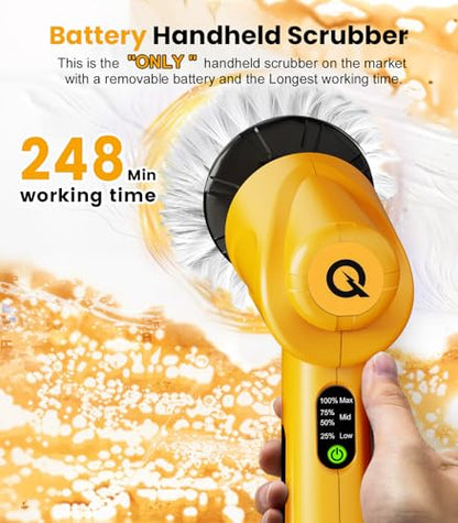 qimedo Battery Electric Spin Scrubber Q4, Handheld Scrubber for Cleaning with Display, Power Dish Scrubber with 5 Heads, Shower Cordless Cleaning Brush for Bathroom/Sink/Window - size: 5000mAh Scrubber with 5.0-inch Handle