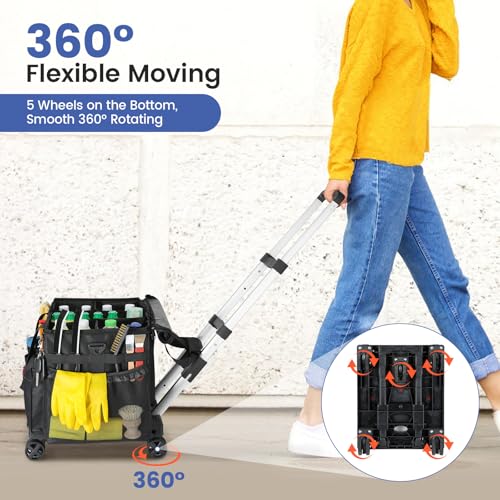 Housolution Extra Large Rolling Cleaning Caddy Bag with Detachable Trolley, Upgraded 360° Free Rotating with 5 Wheels and Dust-Proof Lid, Professional Cleaning Supplies Bag for Housekeepers, Black - color: Black, size: Large