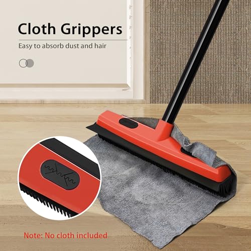 JEHONN Rubber Broom Carpet Rake Brush for Pet Hair with Squeegee, 52.8 inches Long Handle Silicone Fur Scraper Removal Tool with Detailing Lint Comb for Rug, Tile, Hardwood Floor Cleaning (Red) - color: Red