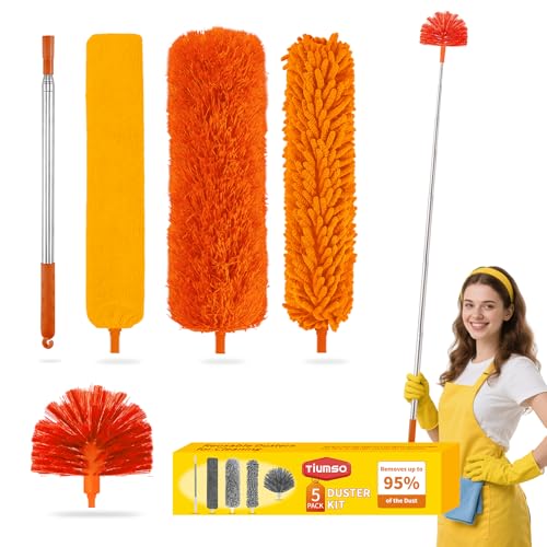 Tiumso 5-in-1 Duster with Extension Pole 100” Extendable Dusters for Cleaning Reusable Anti-Spin Dusting Kits for High Ceiling Fans, Cobwebs & Vents, Reinforced Stainless Steel Telescopic Handle - color: Orange