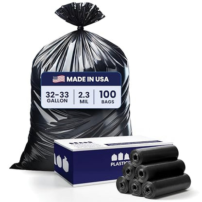 Plasticplace Trash Bags 32-33 Gallon │ 2.3 Mil │ Black Extra Heavy Garbage Bag │ 33” x 39” (100 Count) (W33LDB3)