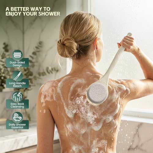 Back Scrubber for Shower, Long Handle Exfoliating Brush, Dual-Sided Bath Brush with Soft Bristles & Volcanic Pumice Stone, Anti-Slip Grip for Men & Women (Light Yellow) - color: Yellow