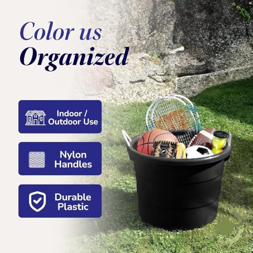 20 Gallon Storage Tub, Round Heavy Duty Plastic Container with Rope Handles, 21.5 x 21.5 x 16.5 inches (Black) - color: Black