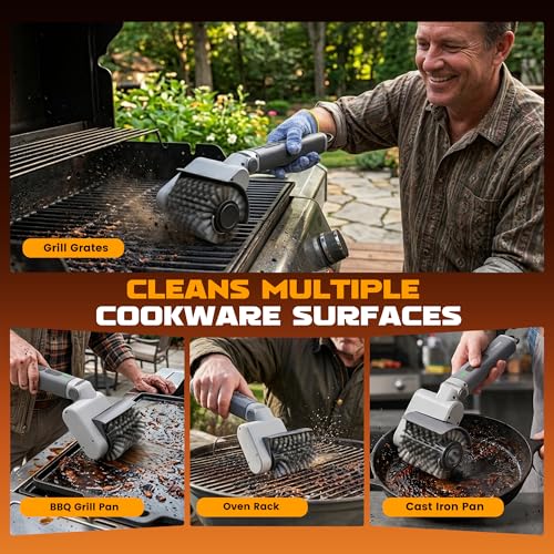MulWark Electric Grill Brush for Outdoor, 2026 Upgraded BBQ Grill Cleaner with 2 Heads, 480RPM Cordless Motorized Cleaner, 5200mAh Grill Cleaning Brush 6-Piece Kit with Degreasing Pad and Glove