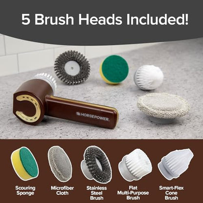 Horsepower Scrubber Gold Edition, Longer Battery Life, Electric Power, Rechargeable, Spins 350 RPM, Waterproof, 5 Brush Heads, AS SEEN ON TV, Cleans Dirt & Grime: Bathrooms, Kitchen, Indoors/Outdoors - style: Extra Battery Life