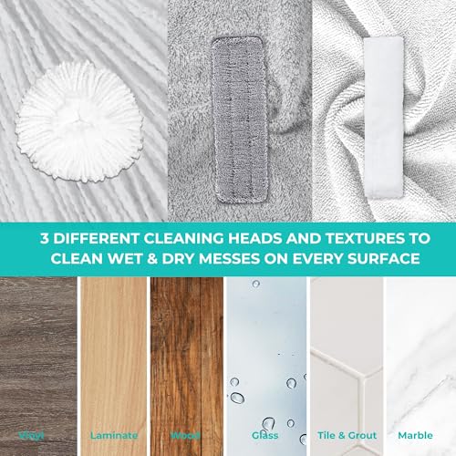 True & Tidy Clean Everywhere Spray Mop Kit - Premium Floor Cleaner with Flat, Round, and Squeegee Mop Heads (White) - color: White