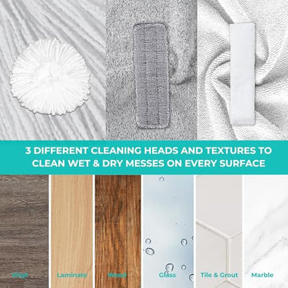 True & Tidy Clean Everywhere Spray Mop Kit - Premium Floor Cleaner with Flat, Round, and Squeegee Mop Heads (White) - color: White