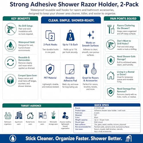 Hook LAB Strong Adhesive Shower Razor Holder, 2-Pack, Removable & Reusable Waterproof Hooks for Bathroom, Kitchen, Towels & Accessories – Black - color: Black - Extra Hold