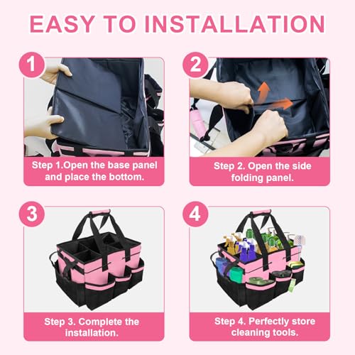 Large Cleaning Caddy Bag – Cleaning Supply Organizer Bag with Handle & Adjustable Shoulder Strap for Housekeepers, Professional Home, Apartment & Office Cleaning, Soft Portable Tote (Pink)