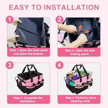 Large Cleaning Caddy Bag – Cleaning Supply Organizer Bag with Handle & Adjustable Shoulder Strap for Housekeepers, Professional Home, Apartment & Office Cleaning, Soft Portable Tote (Pink)