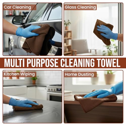 Ameri-Homes Microfiber Cleaning Cloths 12 x 12 Inches, 400 GSM Ultra Soft, Lint-Free & Scratch-Free, Highly Absorbent Towels for Car, Kitchen, Glass & Home Cleaning, Pack of 6 (Brown) - color: Brown