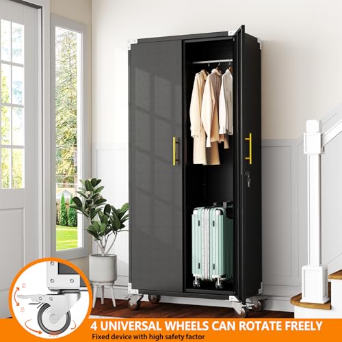 Broom Closet Storage Cabinet, Metal Cleaning Cabinets with Hanging Rod and S-Hooks, Lockable Tool Cabinets, Utility Cabinet for Garden, Office, Laundry Room, Black - color: Black