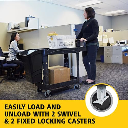 Rubbermaid Commercial Products 2-Shelf Utility/Service Cart, Small, Lipped Shelves, Ergonomic Handle, 500 lbs. Capacity, for Warehouse/Garage/Cleaning/Manufacturing - color: Black, size: Small, style: 2-Shelf