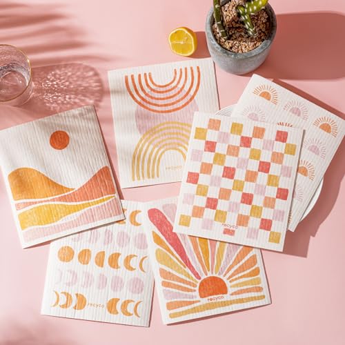 RECYCO Swedish Dishcloths for Kitchen | 6 Pack Desert Sunset Washable Dish Rags | Cellulose Reusable Cleaning Paper Towels | Absorbent Counter Dish Cloth Sponge Kitchen Wipes, 8" L x 7" W - color: Desert Sunset - 6 Pack