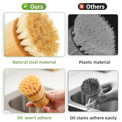 Bamboo Dish Scrub Brushes,Kitchen Wooden Cleaning Scrubbers Set for Washing Cast Iron Pan/Pot, Natural Sisal Bristles, Set of 3 - color: Ceramics Base + 3p Sisal Brushes, size: Regular size