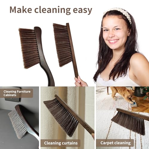 Hand Broom Brush, Dust Brush for Cleaning, Wood Block Hand Brush, Soft Bristle Cleaning Brush for Car Bed Furniture Clothes Garden Couch Draft (Straight Shank)