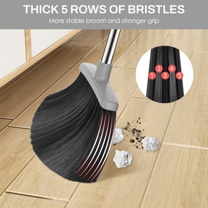 Broom and Dustpan Set for Home, 51-in Long Adjustable Handle Angle Broom and Dustpan Combo Set with Dust Pan Teeth to Clean Hair for Home Kitchen Office Lobby Floor Garden (Black&Grey) - color: Black Grey