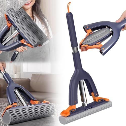 Squeezable Sponge Mop with Stainless Steel Handle, Navy Blue, Orange, 20.3 Inch Length, Self-Squeezing Design for Floor, Wall, Window Cleaning