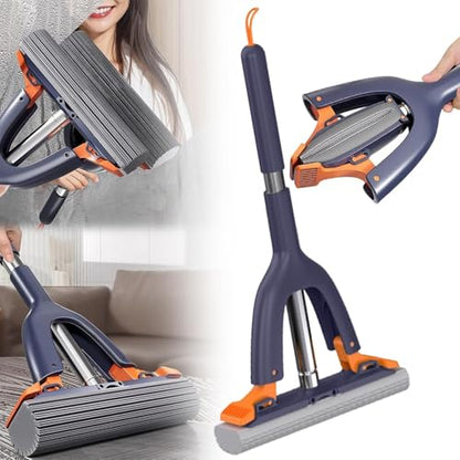 Squeezable Sponge Mop with Stainless Steel Handle, Navy Blue, Orange, 20.3 Inch Length, Self-Squeezing Design for Floor, Wall, Window Cleaning