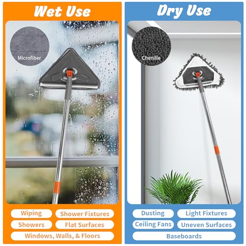 85" Wall Mop Cleaner with Long Handle and Stainless Steel Hook - 180° Rotating Wall Cleaner - Duster Tool for Walls, Multifunctional Scrapper, Ceiling, Windows and Floor with Extension Poles - size: Triangular