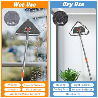 85" Wall Mop Cleaner with Long Handle and Stainless Steel Hook - 180° Rotating Wall Cleaner - Duster Tool for Walls, Multifunctional Scrapper, Ceiling, Windows and Floor with Extension Poles - size: Triangular
