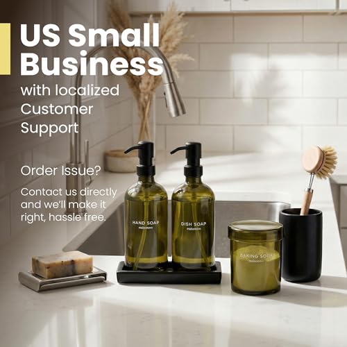 Maisonovo Kitchen Soap Dispenser Set - Hand and Dish Soap Dispenser Set with Green Glass Soap Dispenser, Black Pumps & Ceramic Tray - color: Green Bottles/ Black Pumps/ Black Ceramic Tray