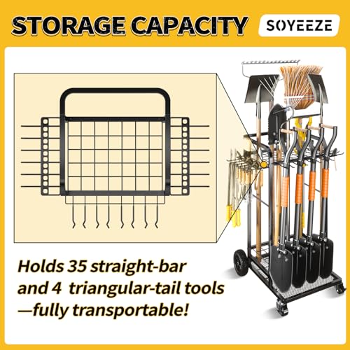 SOYEEZE Garden Tool Organizer with Large Wheels, Heavy Duty 3-Tier Yard Tower Tool Rack for Garage, Holds Up to 35 Long-Handled Tools, Garden Tool Cart with 12 Hooks for Tool Organization Storage