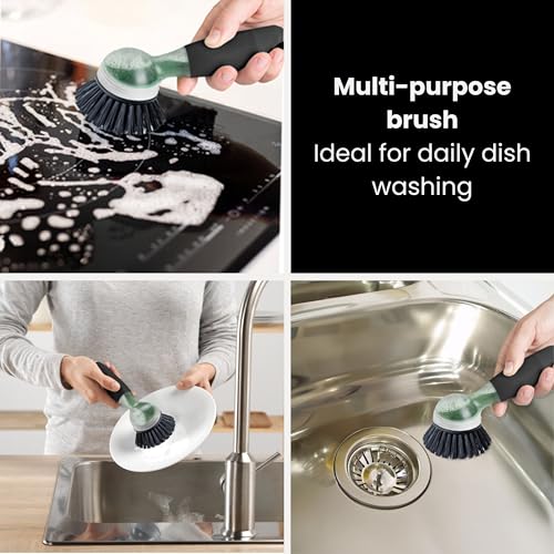 Vigar Rengo Dish Brush with Soap Dispenser - Dish Scrubber with Handle, Kitchen Scrub Brush for Dishes, Sink Cleaning Brush, Soap Dispensing Dish Wand with Nylon Bristles, Non Scratch - Black - color: Black