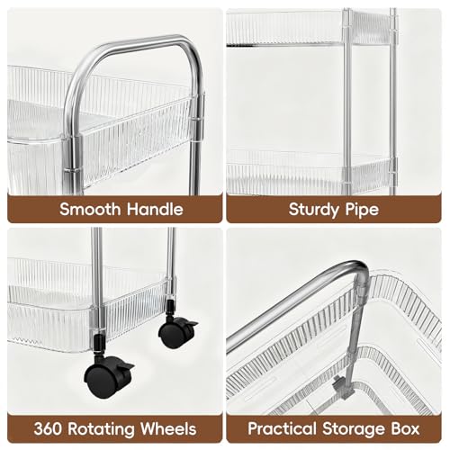 STARLATTA 3 Tier Rolling Cart with Lockable Wheels, Clear Acrylic Utility Trolley with Handle, Heavy-Duty Storage Organizer for Kitchen Bathroom Nursery Laundry - Snack Book Craft Organizer (Clear)