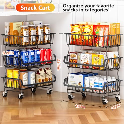 Gsiekare 3-Tier Rolling Pantry Organizer and Storage Cart with Wheels – Stackable Wire Snack Cart for Kitchen, Pantry Shelves and Storage Rack for Fruit, Vegetables, Onion, Potato (1 Pack) - size: 3 layer baskets (1 Pack)