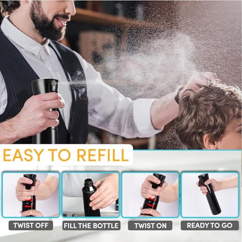 Continuous Spray Bottle for Hair – 2 Seconds of Ultra Fine Mist – Refillable Plastic Water Sprayer for Hair Styling, Cleaning, Plants, Salon, Essential Oil Scents, and More – Black, 200ml