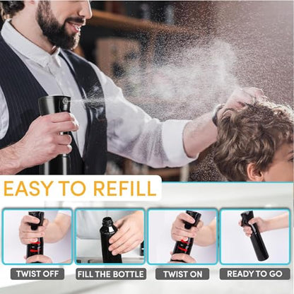 Continuous Spray Bottle for Hair – 2 Seconds of Ultra Fine Mist – Refillable Plastic Water Sprayer for Hair Styling, Cleaning, Plants, Salon, Essential Oil Scents, and More – Black, 200ml