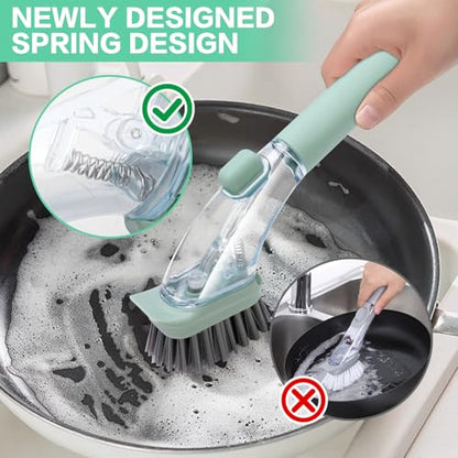 Dish Brush with Soap Dispenser, Green Ergonomic Handle Spring-Loaded Bowl Brush for Kitchen Sink – Quick Clean Dish Scrubber Brush with Soap Dispenser for Dishes, Pots, Bowls