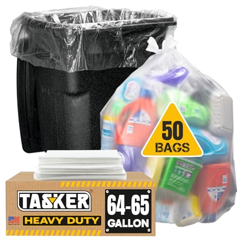 65 Gallon Clear Trash Bags Heavy Duty (MegaPack 50 Bags w/Ties) 64 Gallon Extra Large Clear Plastic Recycling Garbage Bags - size: 1 Count (Pack of 50)