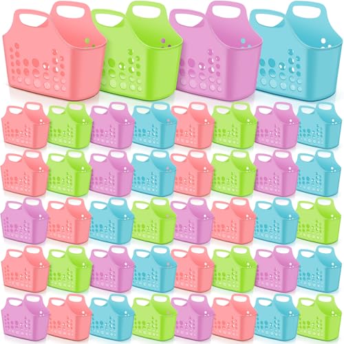 Nuogo 50 Pack Multicolor Plastic Basket with Handles Oval Plastic Shower Caddy Bulk Reusable Multipurpose Storage Organizer for Bathroom Dorm Communal Showers Kitchen School, 10.6" x 6" x 10" - color: Assorted Multicolor