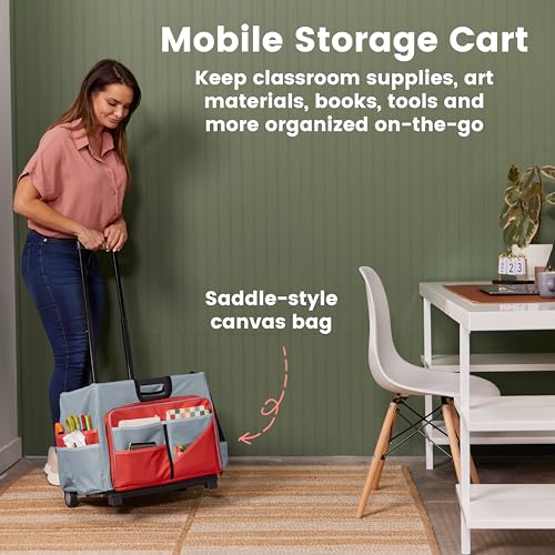 ECR4Kids Universal Rolling Cart with Canvas Organizer Bag, Mobile Storage, Red/Grey - color: Red/Grey