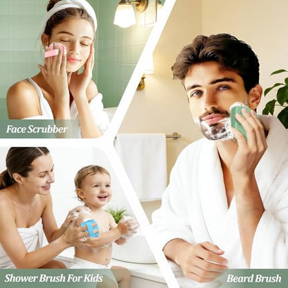 Silicone Back & Face Scrubber & Bath Glove Set 3PCS, 13.4'' Gentle Back Scrubber with Dual-Side Head, 360° Anti-Slip Bath Glove, Unique Side-bristled Face Scrubber for All-round Cleaning(Green) - color: Green*3