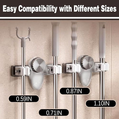 6PCS Broom Holder Mop Hanger Wall Mount, No Drill Suction Cup Mop and Broom Organizer with Hooks, Space Saving Adjustable Rack Removable Mop Clip for Bathroom, Kitchen, Garage, Laundry Room