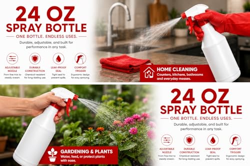 Plastic Spray Bottle, 2 Pack, 24 Oz with Adjustable Nozzle, Heavy Duty Leak Proof Mist Empty Water Bottle Sprayer for Cleaning, Chemicals, Hair, Planting & All-Purpose Use (Red) - color: Red