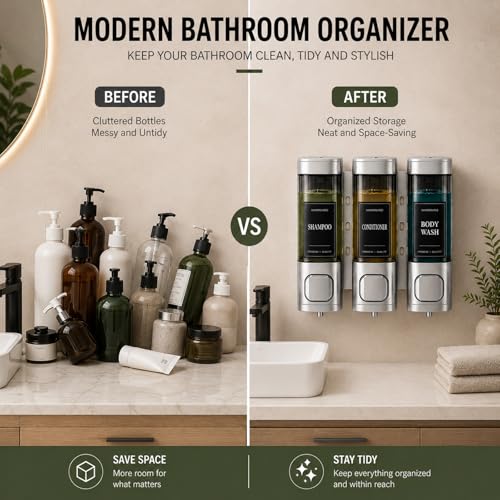 Shampoo and Conditioner Dispenser, Shower Soap Dispenser Wall Mounted, Shower Dispenser 3 Chamber No Drill for Bathroom Large Capacity (Silver) - color: Sliver