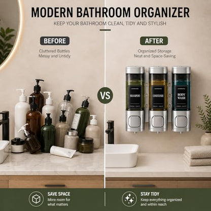 Shampoo and Conditioner Dispenser, Shower Soap Dispenser Wall Mounted, Shower Dispenser 3 Chamber No Drill for Bathroom Large Capacity (Silver) - color: Sliver