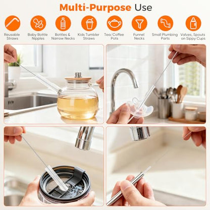 10-Packs Premium Straw Cleaner Brush in Mixed Sizes, 8IN Long Reusable Stainless Steel Cleaning Brushes Set with Soft Sturdy Nylon Bristles for Metal Straws, Sippy Cups, Tumblers & Bottles