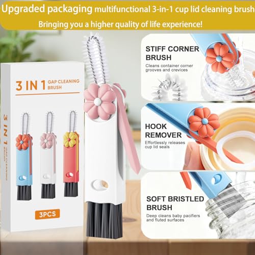 3 in 1 Cup Lid Cleaning Brush, Cup Lid Brush, Upgraded 3PCS Multifunctional Water Bottle Cleaning Brush, Home Kitchen Crevice Brush Tools for Tiny Cup Lid Detail, Bottle Tight Spaces Cup - color: Red Blue White(include Packaging Box)