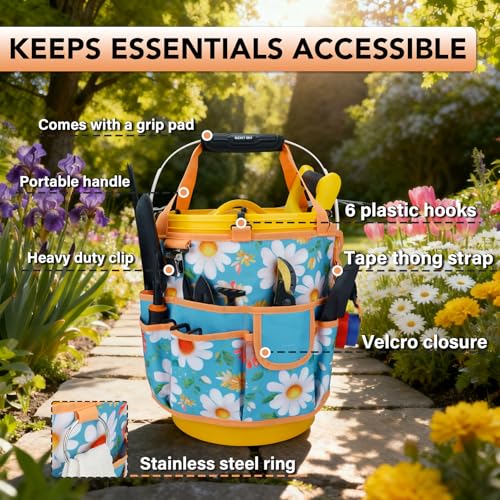 KUNN 5 Gallon Bucket Organizer 18-Pocket Tool Bag with Hangable Handle | Heavy-Duty Garden Caddy & Bucket Accessory for Gardening Tools, Orange - style: Sunny Daisy