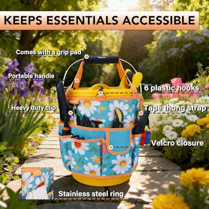 KUNN 5 Gallon Bucket Organizer 18-Pocket Tool Bag with Hangable Handle | Heavy-Duty Garden Caddy & Bucket Accessory for Gardening Tools, Orange - style: Sunny Daisy