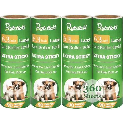 6.3 inch Lint Roller Refills Only for 6.3'' Large Lint Rollers Extra Sticky Lint Pet Hair 6.3 inch Replacement Rolls, Pack of 4 Refills, 90 Sheets per Refill, 360 Sheets Total - size: 6.3 inch