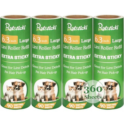 6.3 inch Lint Roller Refills Only for 6.3'' Large Lint Rollers Extra Sticky Lint Pet Hair 6.3 inch Replacement Rolls, Pack of 4 Refills, 90 Sheets per Refill, 360 Sheets Total - size: 6.3 inch