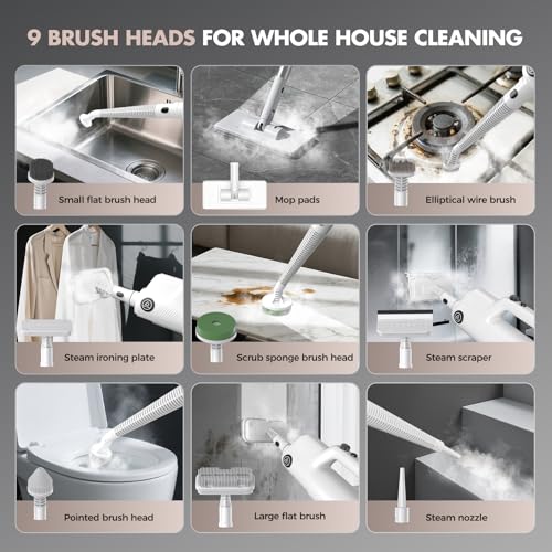 YKYI Steam Mop, Detachable 10 in 1 Multipurpose Steamer with 11 Attachments, Handheld Steam Cleaner for Home, Hardwood Floors, Laminate, Marble, Tile, Grout, Carpet, Windows Cleaning (Light White)