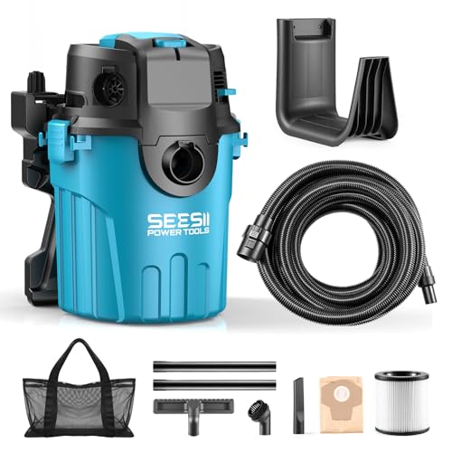 Seesii Garage Vacuum Wall Mounted Shop Vac, 6.6 Gallon 5.5 Peak HP Shop Vacuum Wet and Dry with 30Ft Flexible Hose, Attachments, Storage Bag, Cartridge Filter Ideal for Garage, Car, Workshop, Home - color: Light Blue